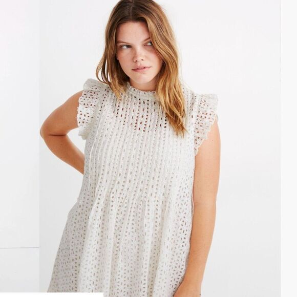Madewell an137 white Eyelet Ruffle-Sleeve Pintuck Mini Dress size M NWT - Picture 2 of 8